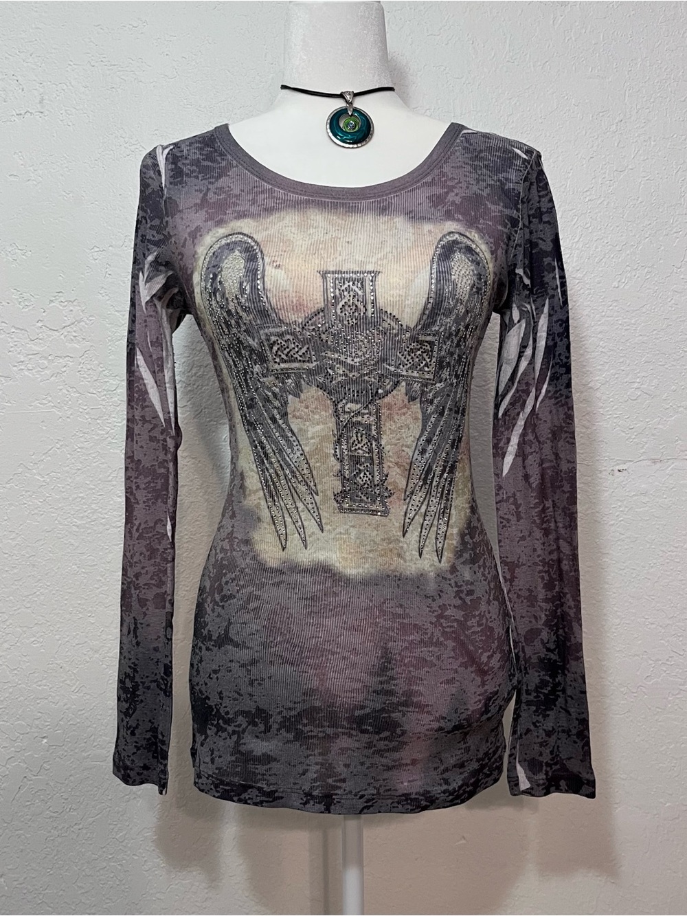 Vocal Gray Distressed Winged Cross Long Sleeve Tee